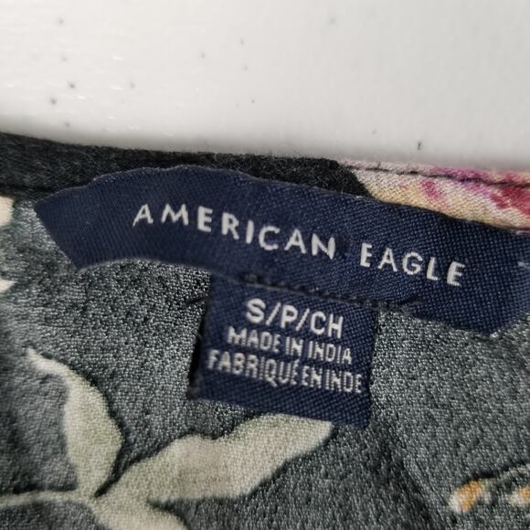 American Eagle Outfitters Black Purple Green Boho Floral Tie Neck Top Size Small - Picture 4 of 5